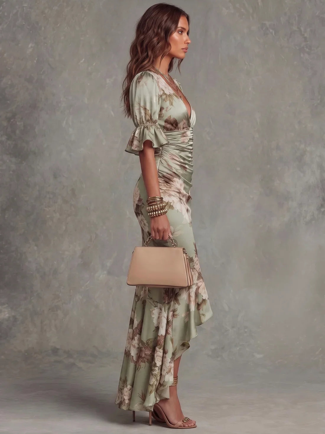 Vestido Maxi de Satén Floral Fruncido con Bajo de Volantes