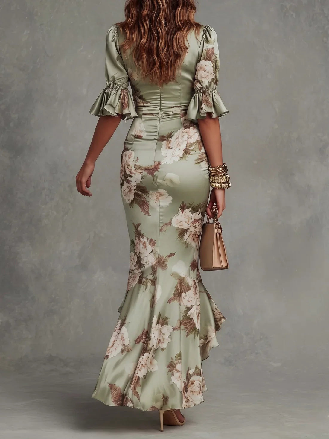 Vestido Maxi de Satén Floral Fruncido con Bajo de Volantes
