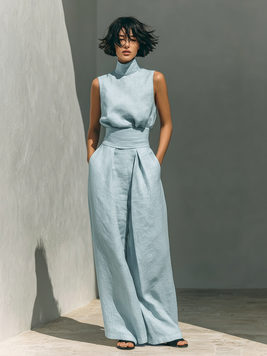 Maria | Conjunto Completo con Top de Tirantes y Pantalón Ancho de Algodón y Lino