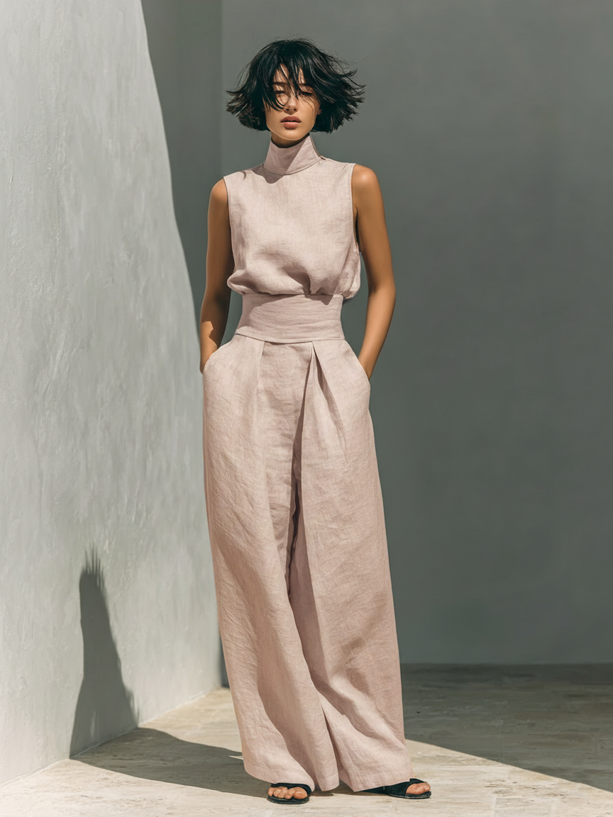 Maria | Conjunto Completo con Top de Tirantes y Pantalón Ancho de Algodón y Lino