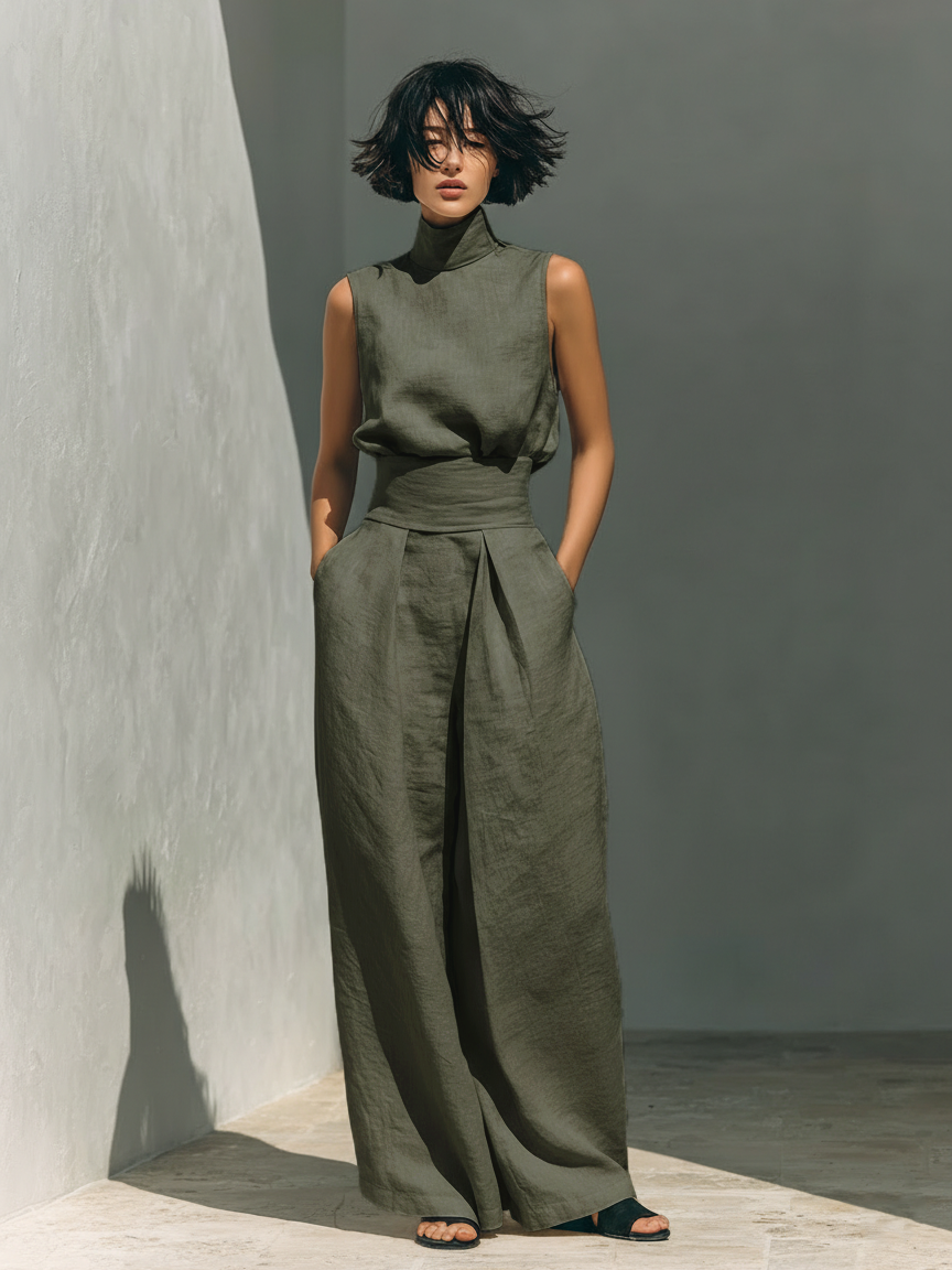 Maria | Conjunto Completo con Top de Tirantes y Pantalón Ancho de Algodón y Lino