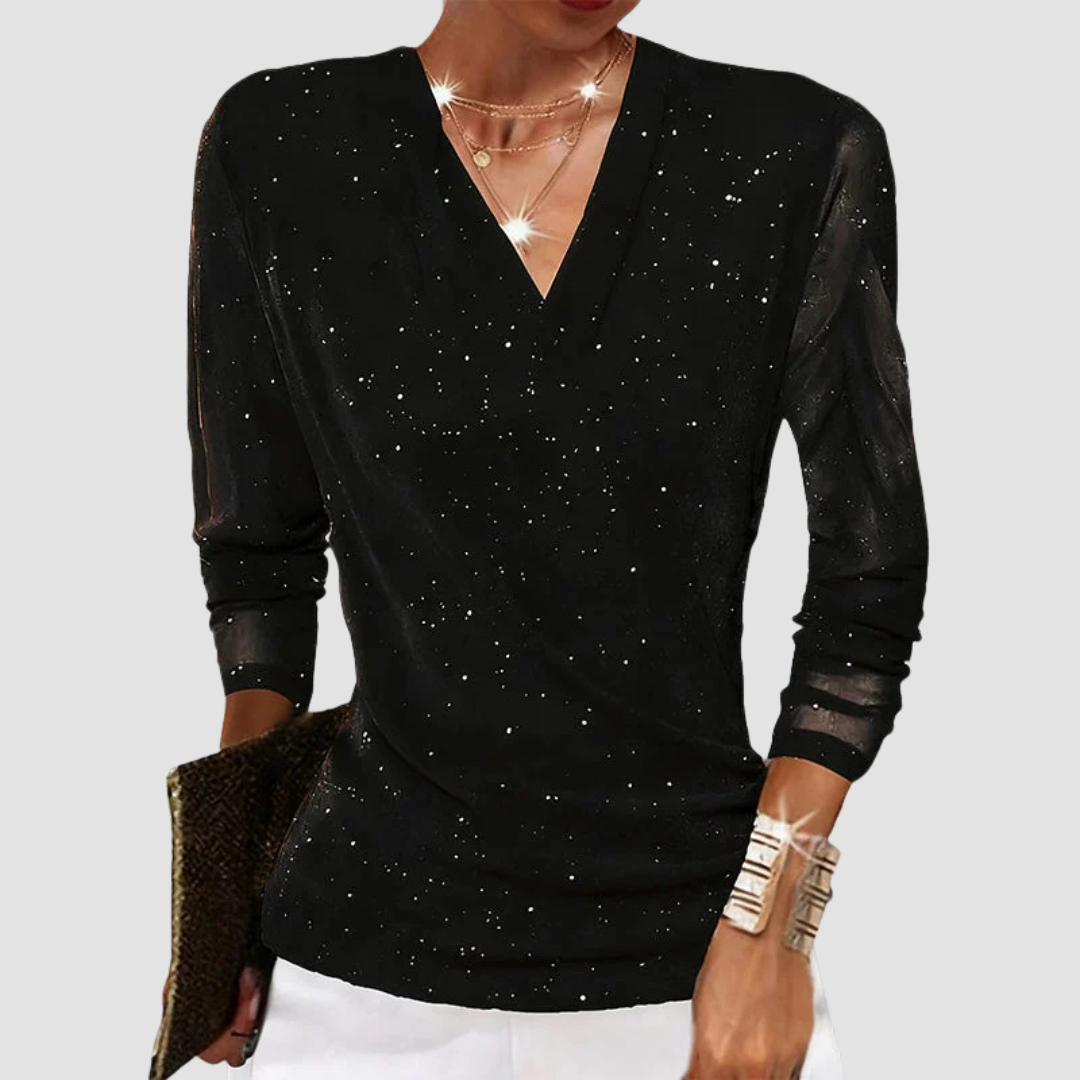 Top de fiesta mujer brillo escote drapeado manga larga