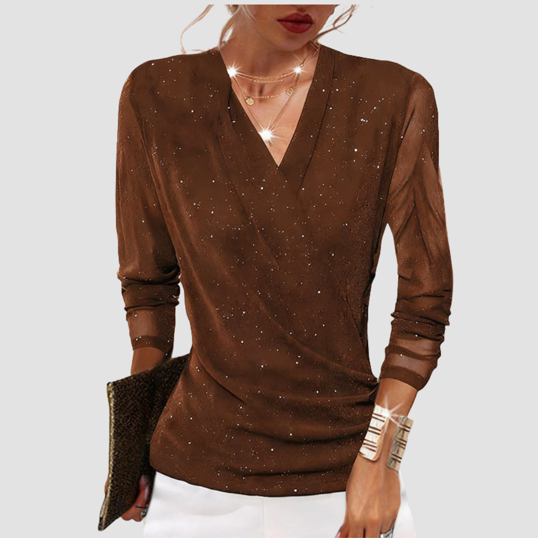 Top de fiesta mujer brillo escote drapeado manga larga