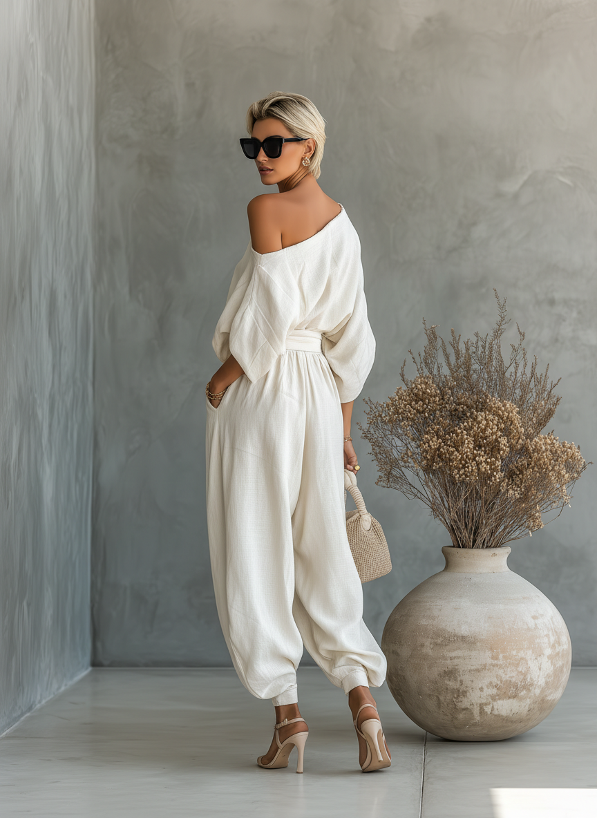 Conjunto Efecto Lino Blanco Roto para Mujer con Top de Hombros Descubiertos y Pantalones de Corte Cónico