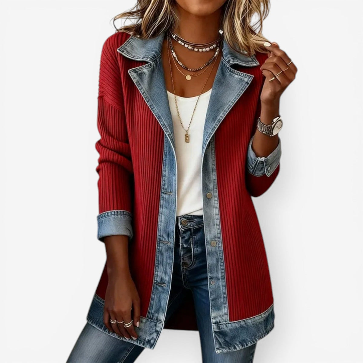 Emilia | Chaqueta de Punto con Detalles Denim
