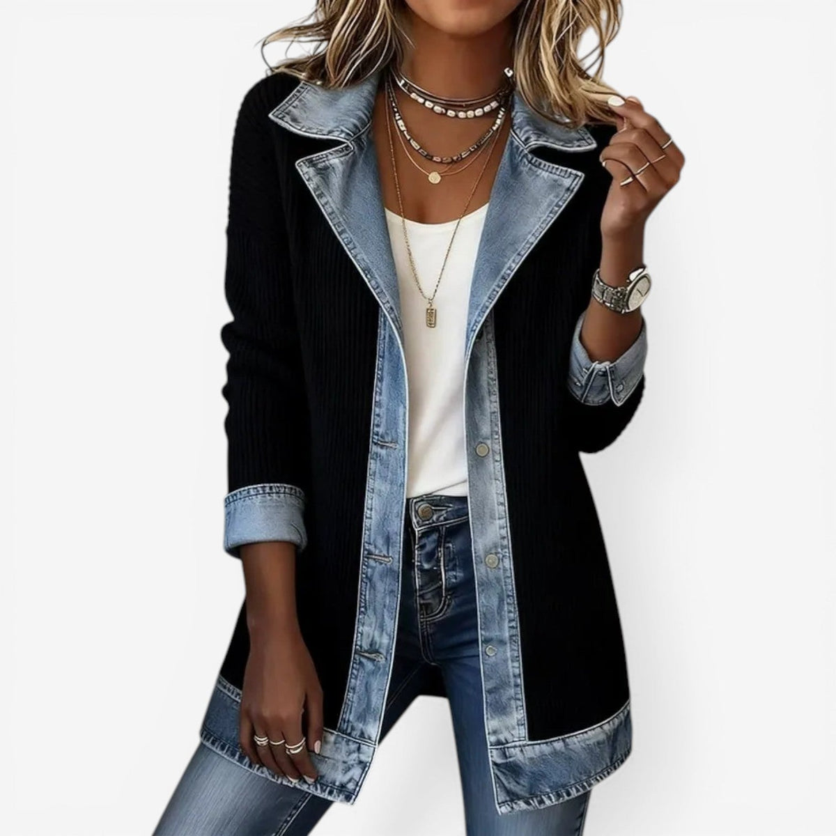 Chaqueta texturizada mujer cuello en capas botones