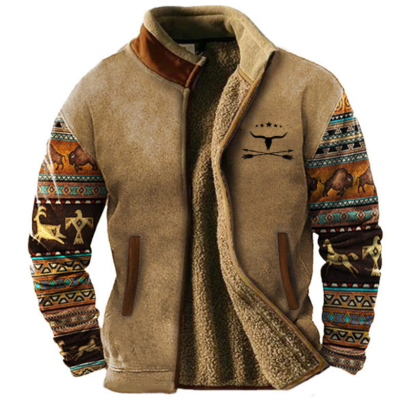 Chaqueta polar hombre con cuello alto y mangas estampadas