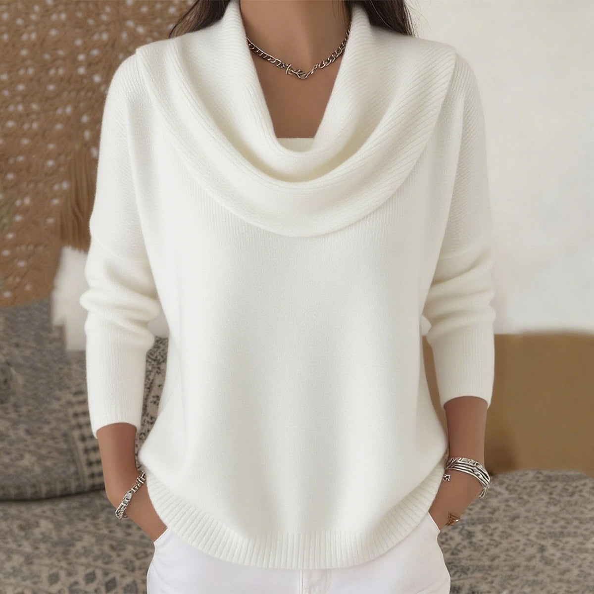 Jersey mujer cuello drapeado de punto suave y cálido