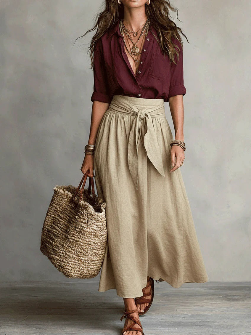 Malena | Conjunto Elegante de Dos Piezas: Camisa y Falda Midi