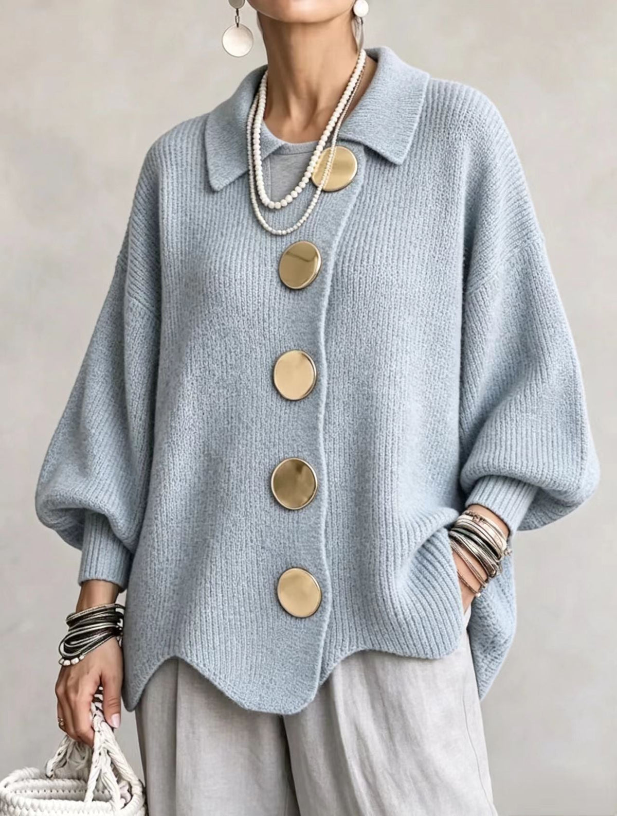 Cárdigan oversize mujer con botones grandes y mangas farol