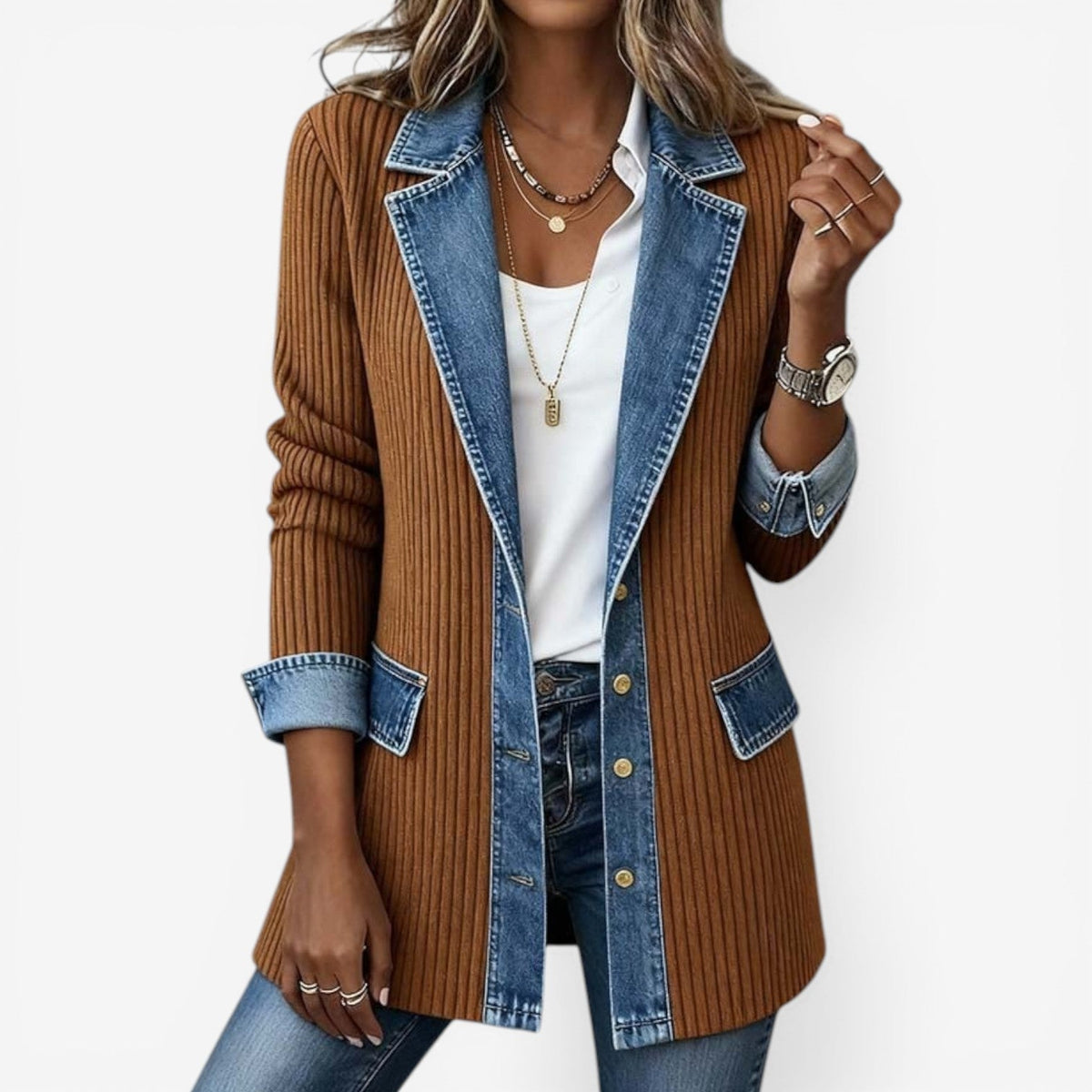 Emilia | Chaqueta de Punto con Detalles Denim