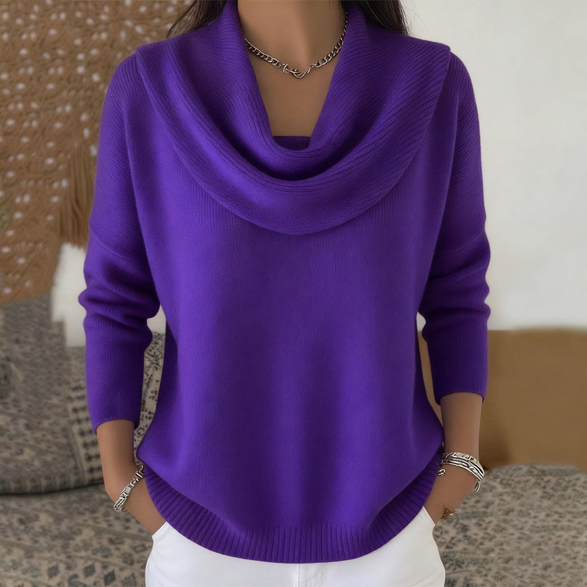 Jersey mujer cuello drapeado de punto suave y cálido