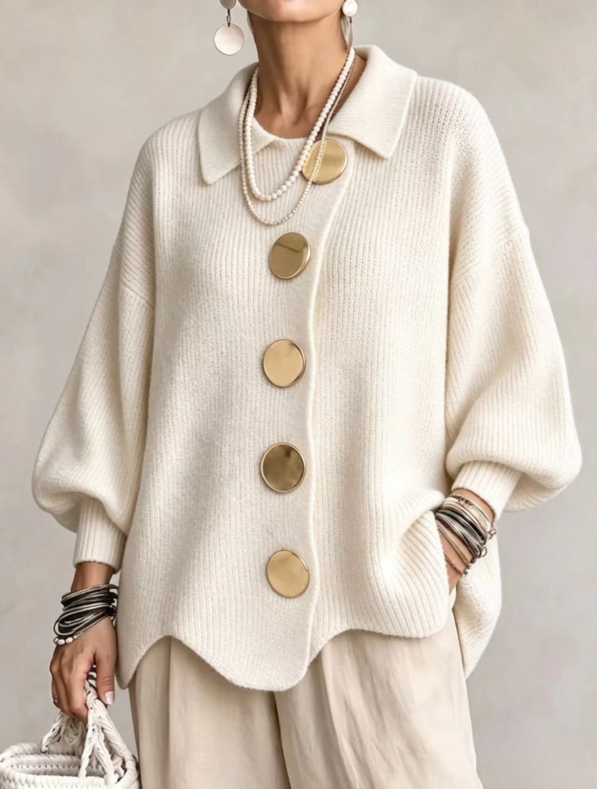 Cárdigan oversize mujer con botones grandes y mangas farol