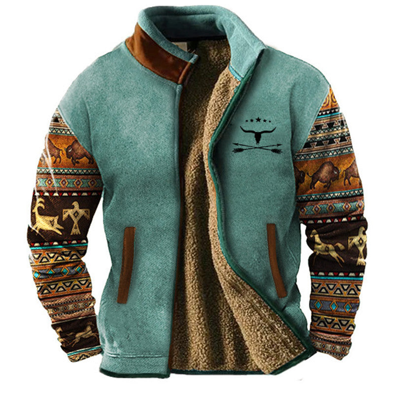 Chaqueta polar hombre con cuello alto y mangas estampadas