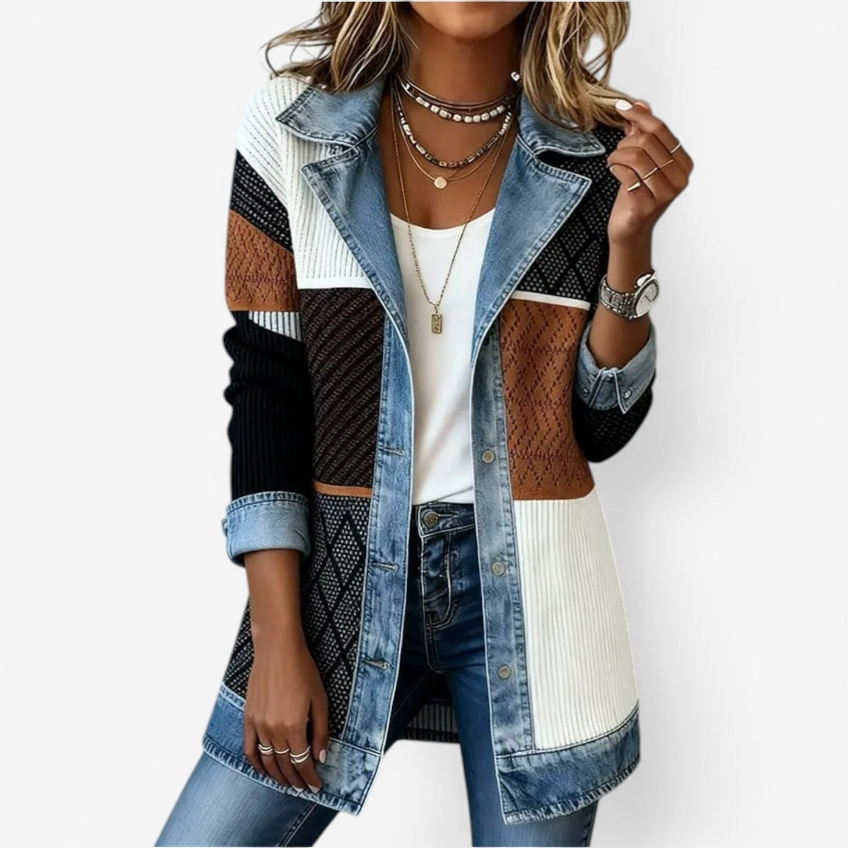 Chaqueta texturizada mujer cuello en capas botones