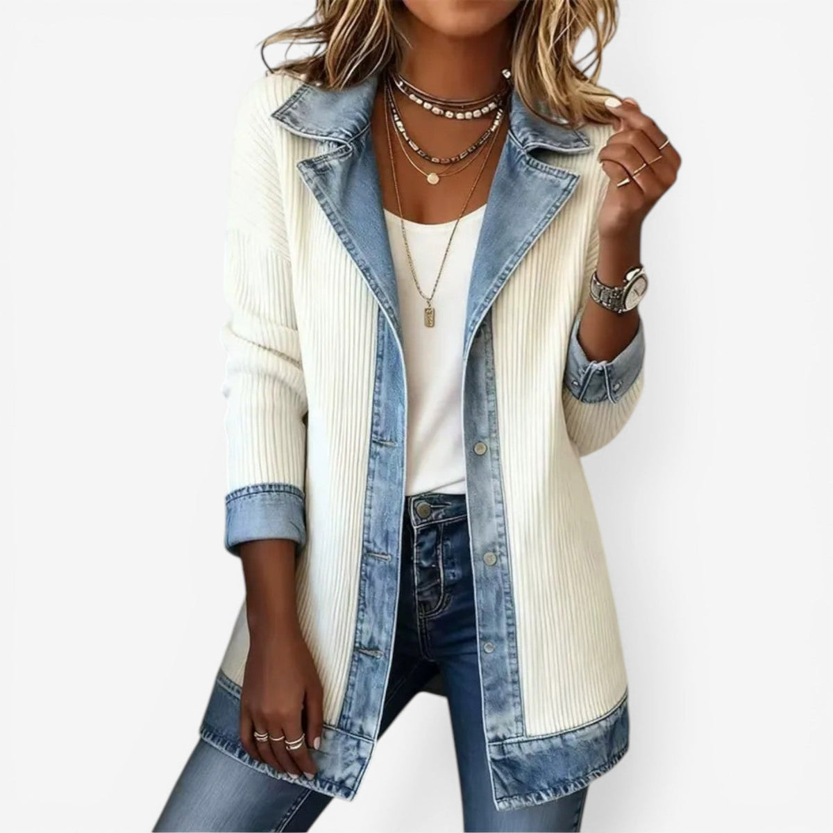 Chaqueta texturizada mujer cuello en capas botones