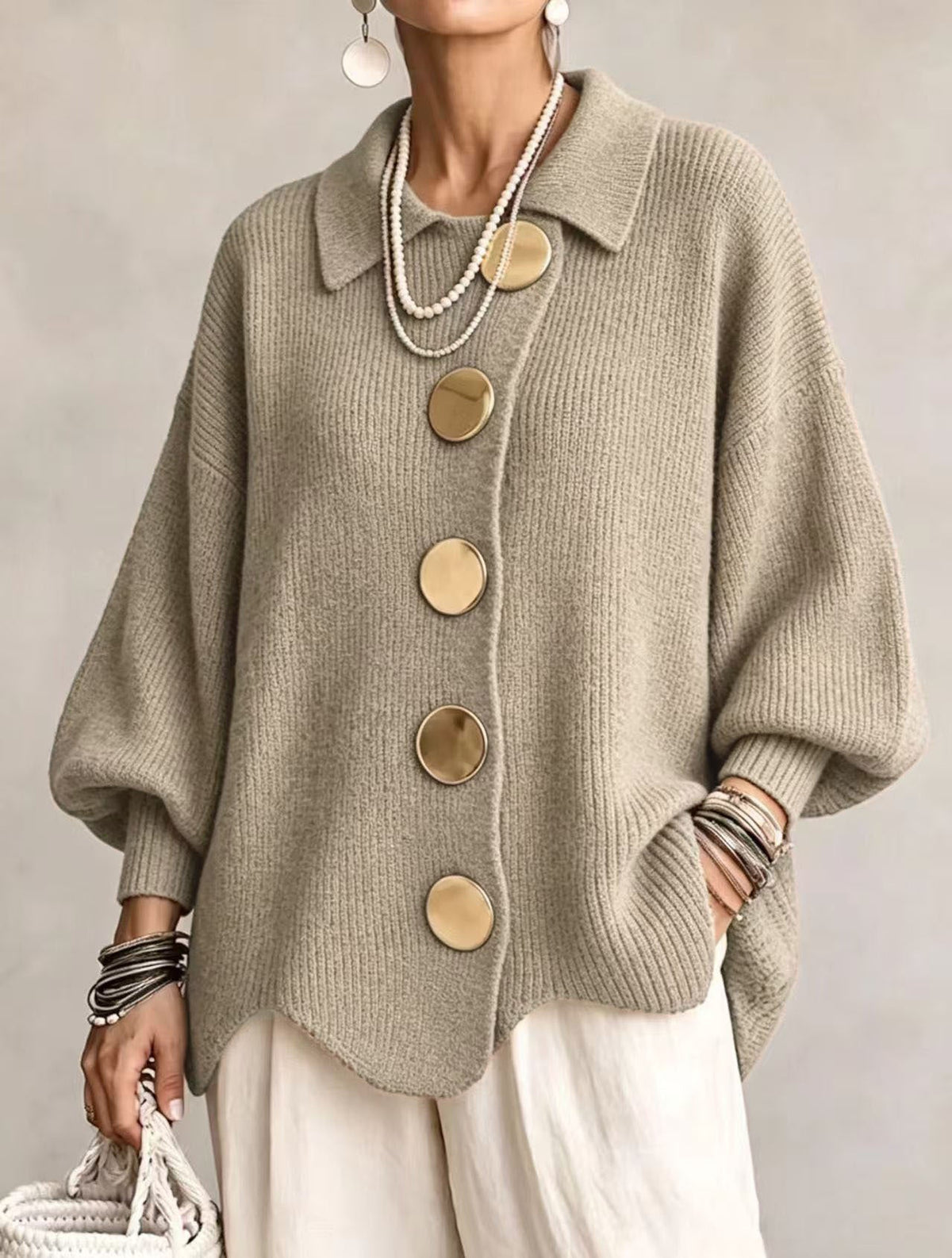 Cárdigan oversize mujer con botones grandes y mangas farol