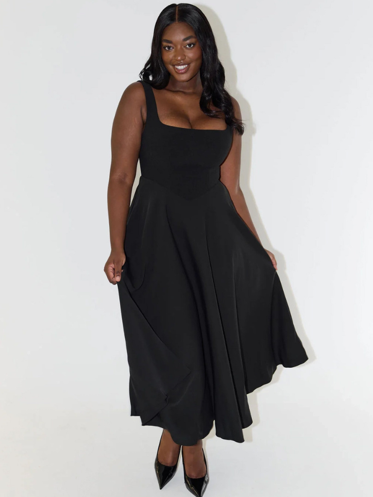 Grace | Vestido Midi Fluido con Escote Cuadrado