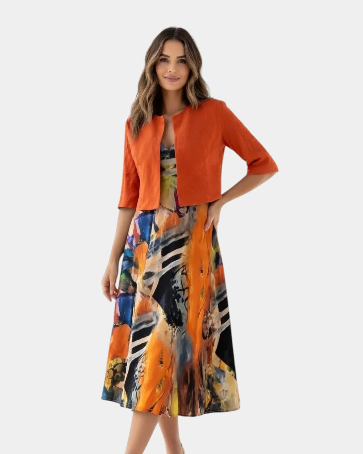Stacy | Vestido Midi Fluido Estampado con Chaqueta a Juego