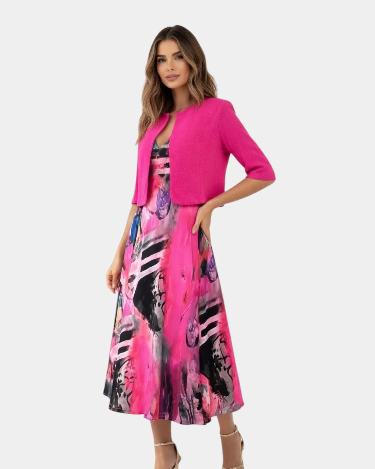 Stacy | Vestido Midi Fluido Estampado con Chaqueta a Juego