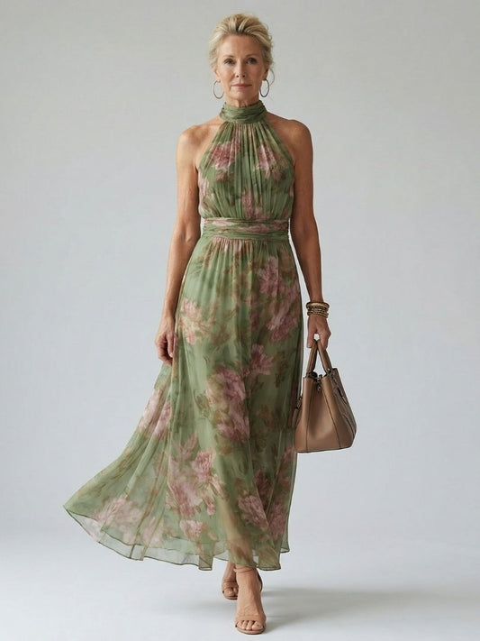 Livia | Vestido Maxi Halter Floral Elegante