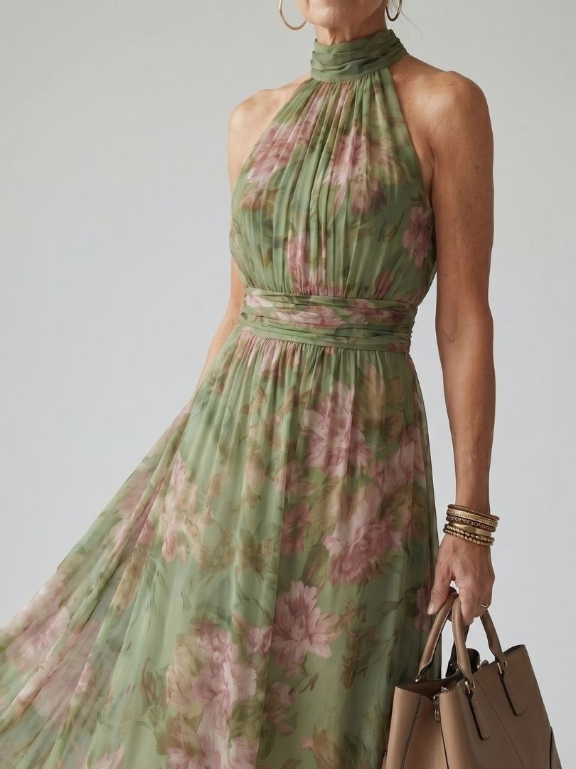 Livia | Vestido Maxi Halter Floral Elegante