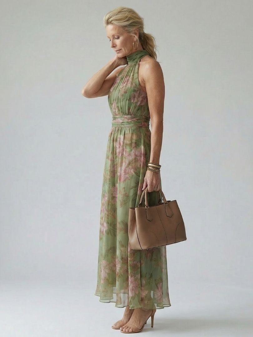 Livia | Vestido Maxi Halter Floral Elegante