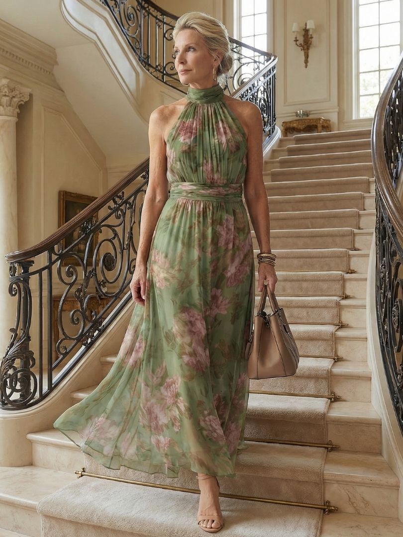 Livia | Vestido Maxi Halter Floral Elegante