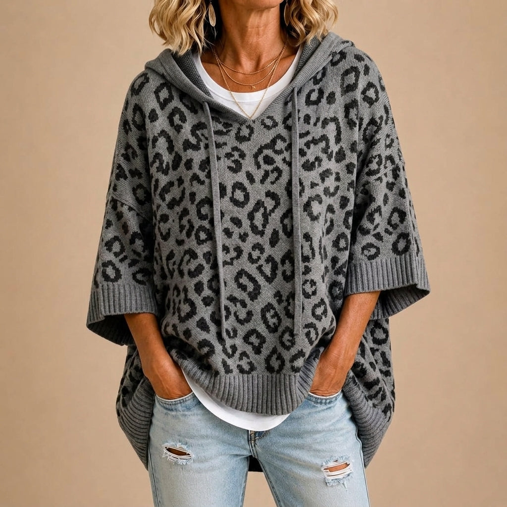 GABRIELLA Poncho de Punto Animal Print con Capucha