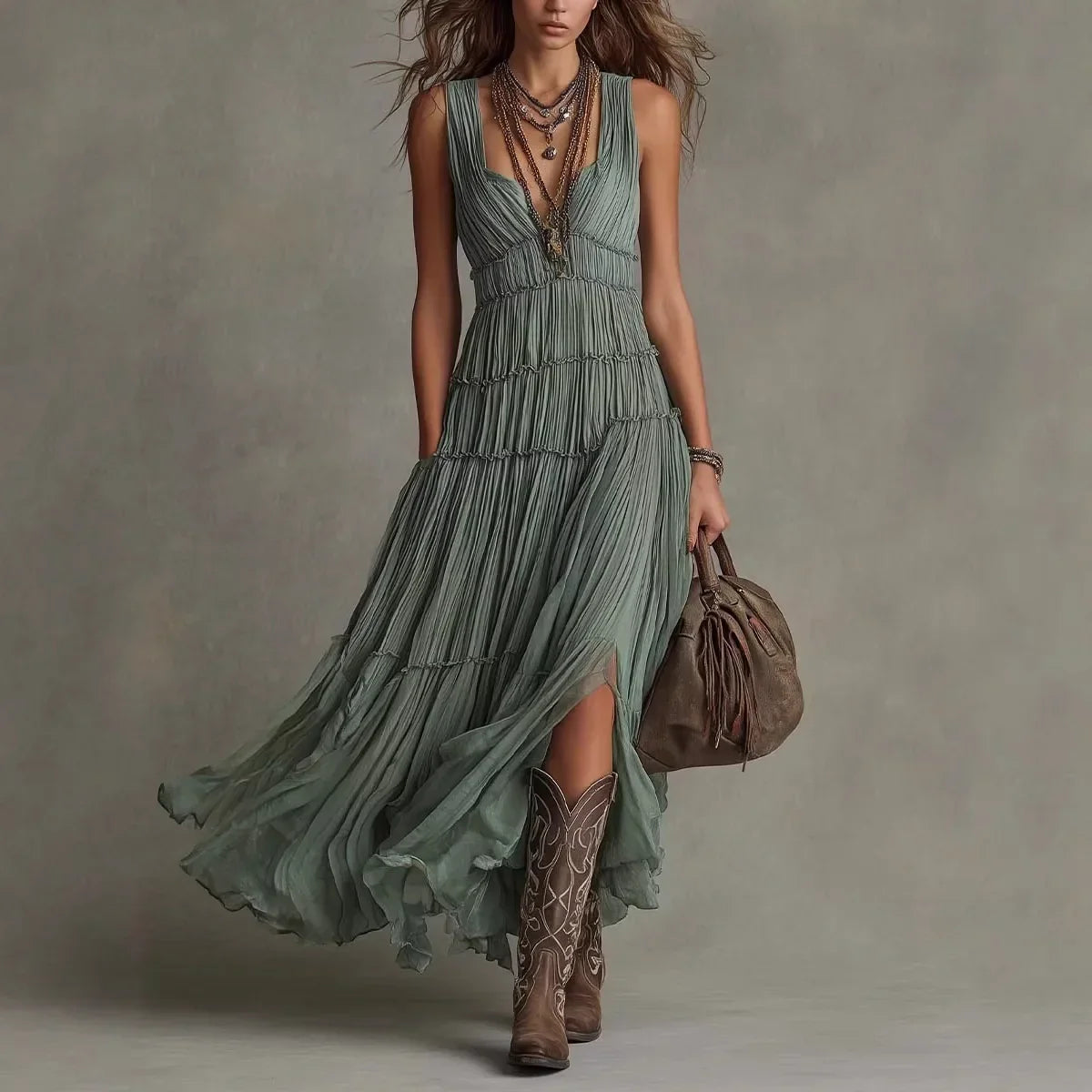 Vestido largo boho mujer escote pico con volantes