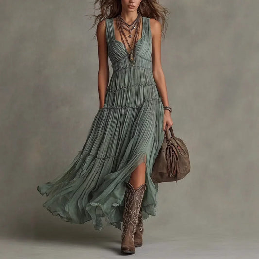 Vestido largo boho mujer escote pico con volantes