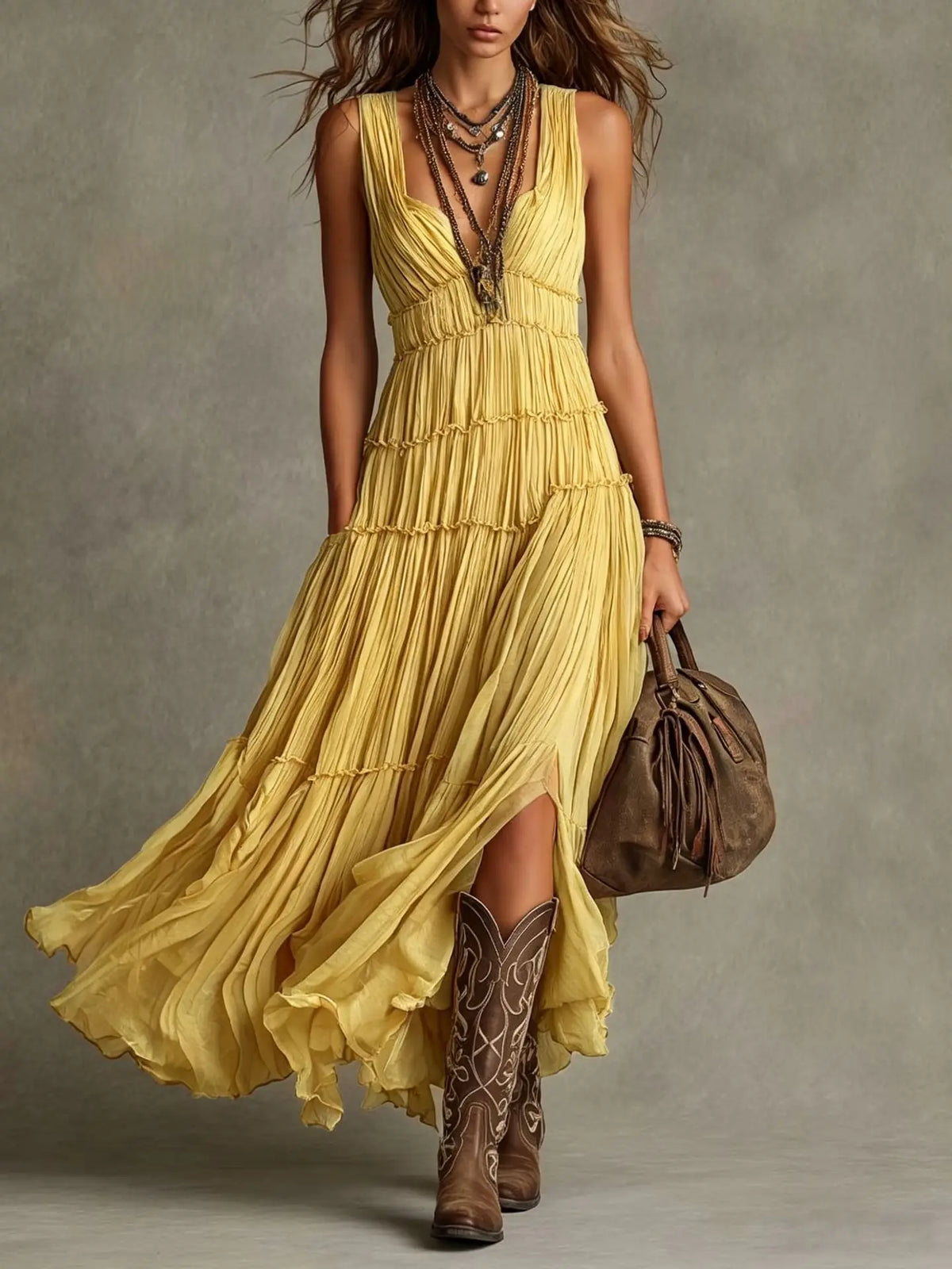 Vestido largo boho mujer escote pico con volantes