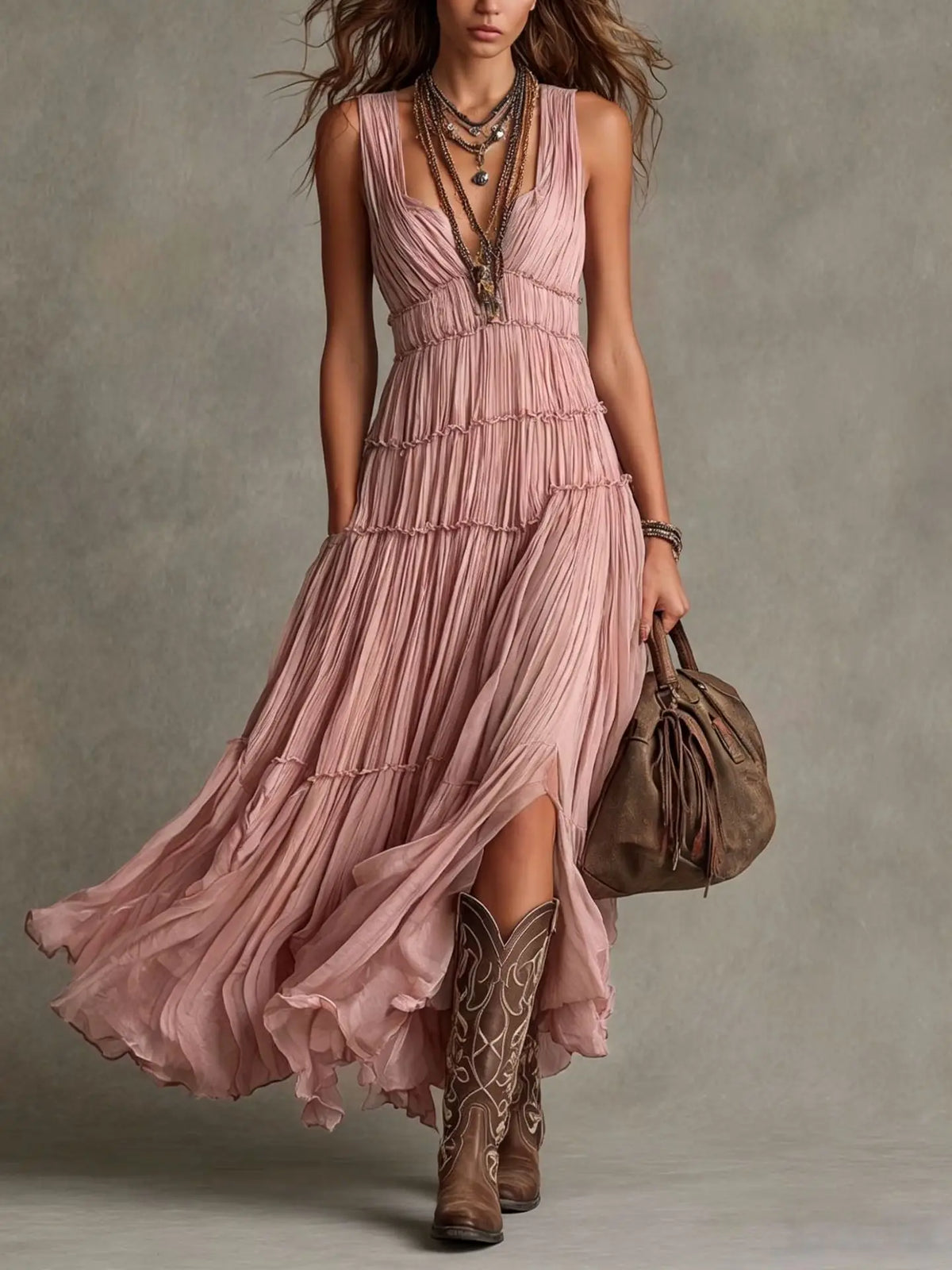 Vestido largo boho mujer escote pico con volantes