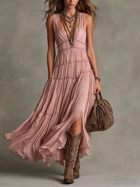 Vestido largo boho mujer escote pico con volantes