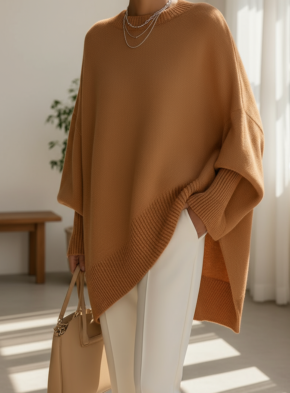 Jersey oversize mujer cuello redondo punto cálido