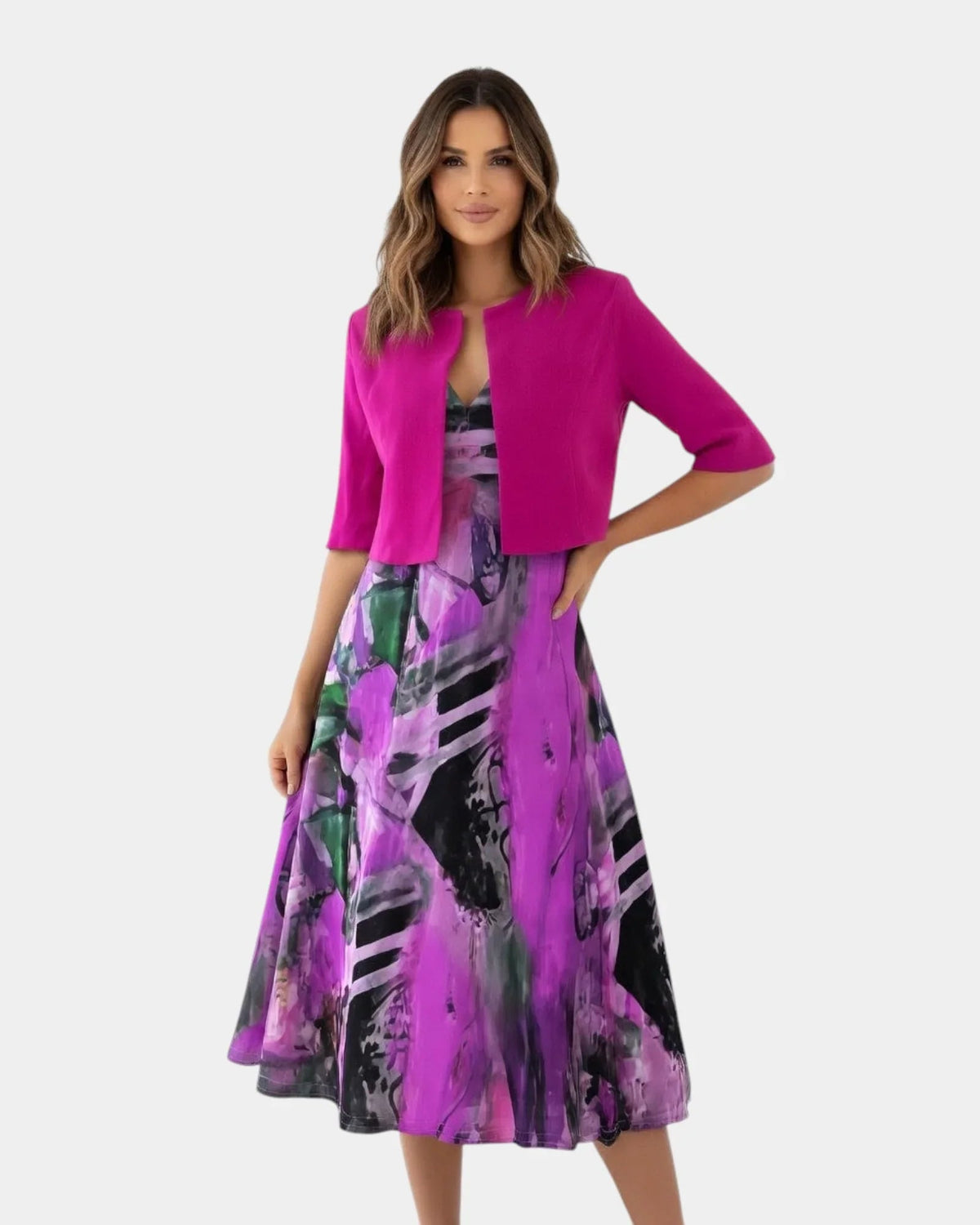Stacy | Vestido Midi Fluido Estampado con Chaqueta a Juego