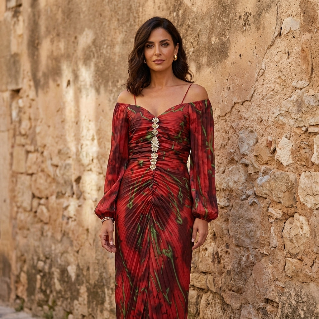 Vestido largo floral escote pronunciado mujer