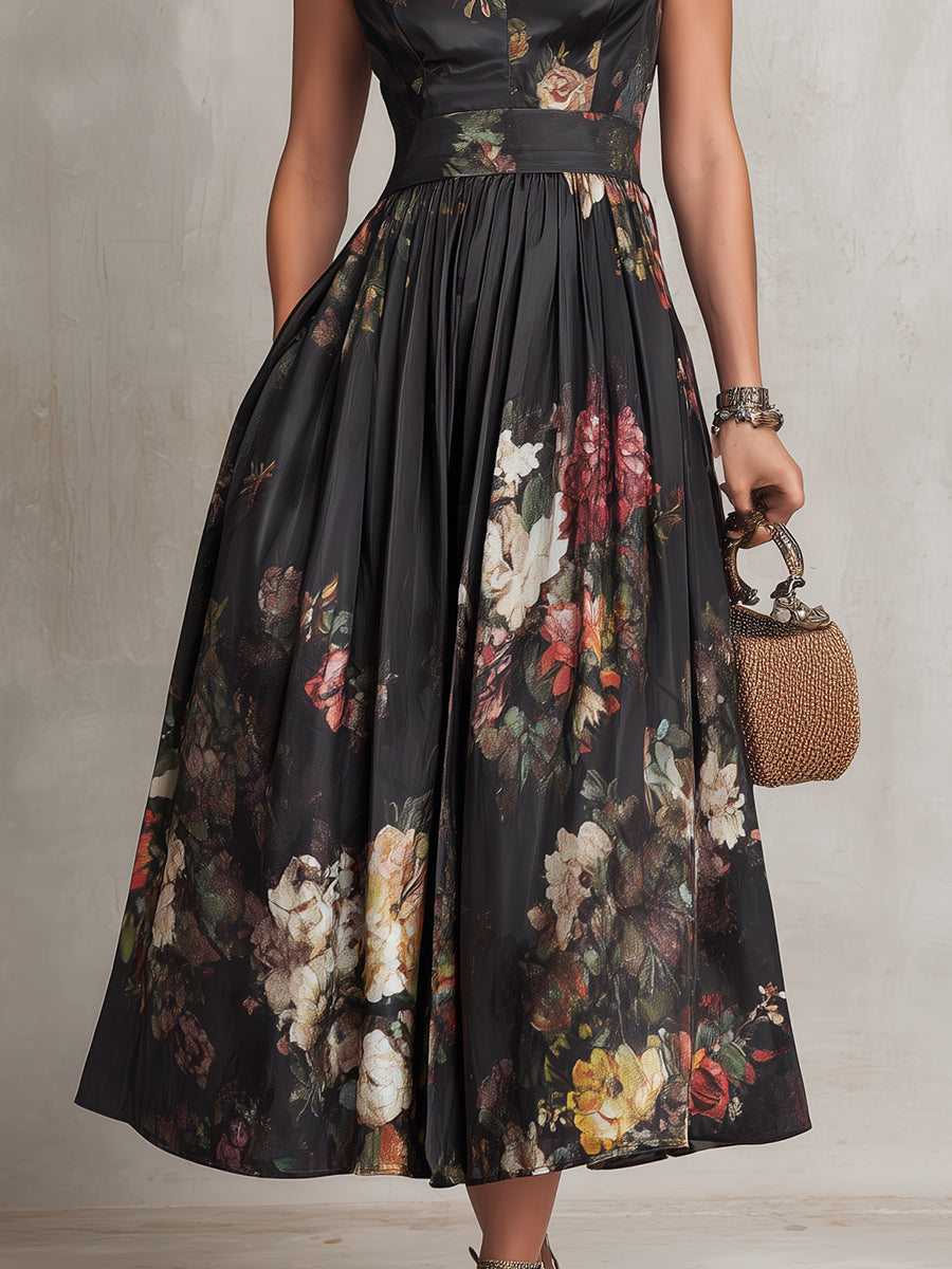 Vestido Midi de Satén Plisado Floral con Cuello con Abertura Negro