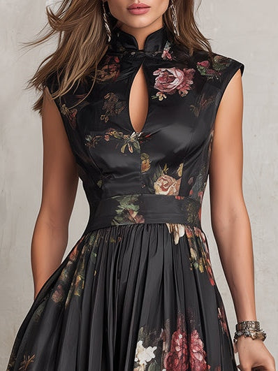 Vestido Midi de Satén Plisado Floral con Cuello con Abertura Negro
