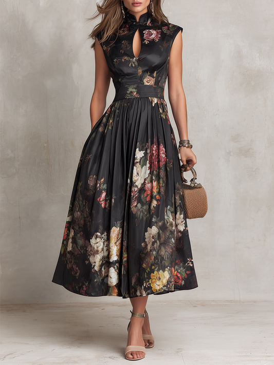 Vestido Midi de Satén Plisado Floral con Cuello con Abertura Negro