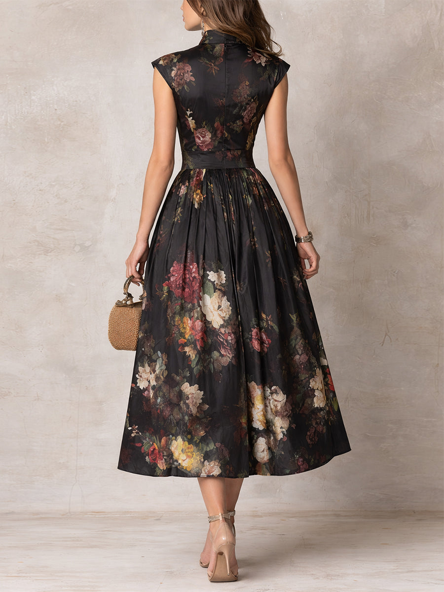 Vestido Midi de Satén Plisado Floral con Cuello con Abertura Negro