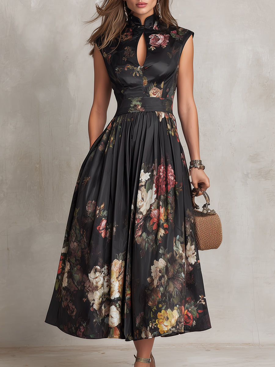 Vestido Midi de Satén Plisado Floral con Cuello con Abertura Negro