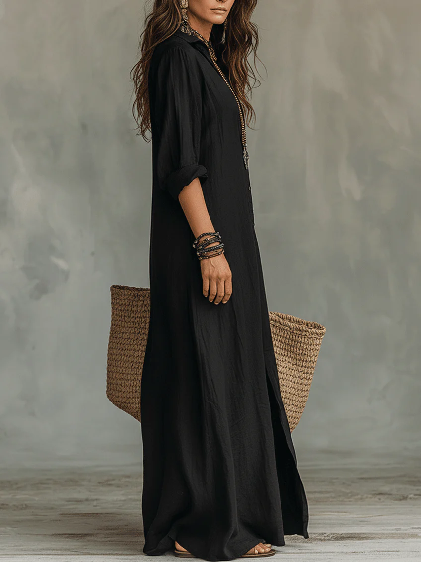 Soline | Vestido Maxi Negro Largo con Botones