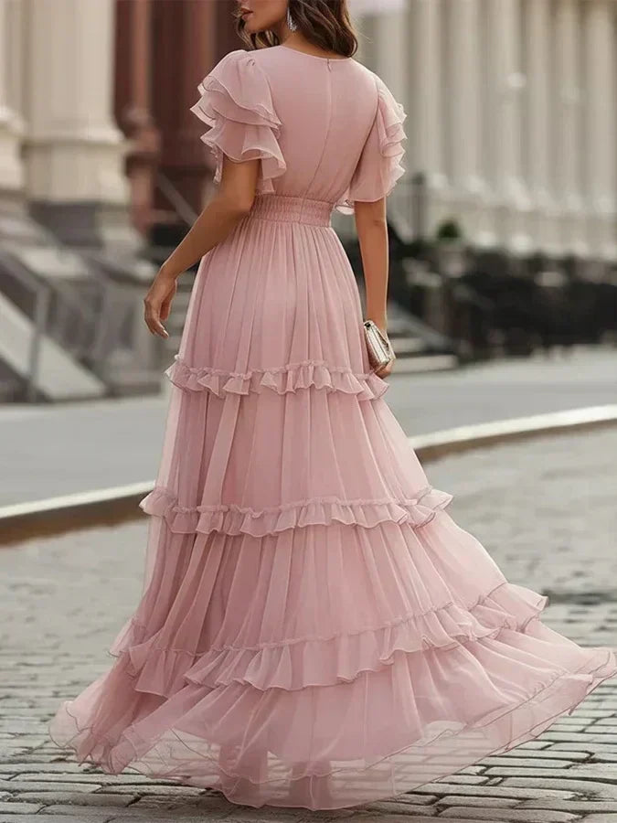 Vestido maxi rosa escote V volantes manga mariposa