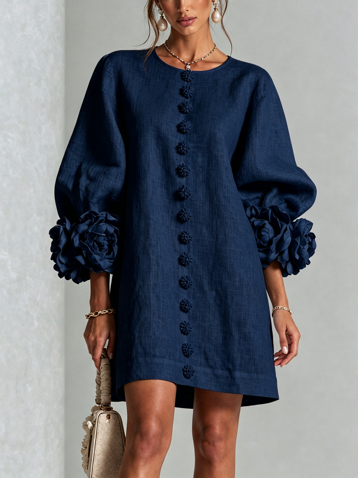 Vestido corto floral abotonado mujer manga abullonada
