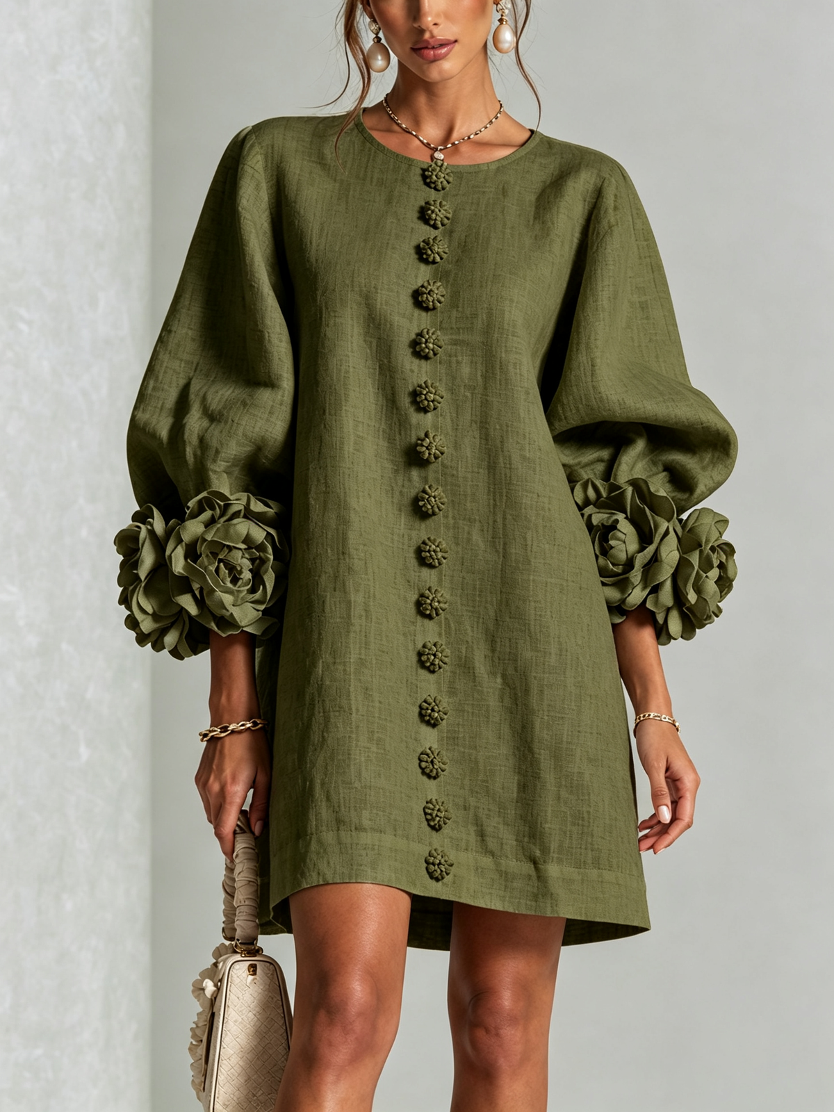 Vestido corto floral abotonado mujer manga abullonada