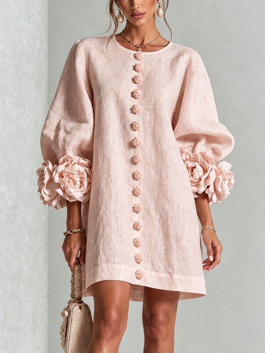 Vestido corto floral abotonado mujer manga abullonada