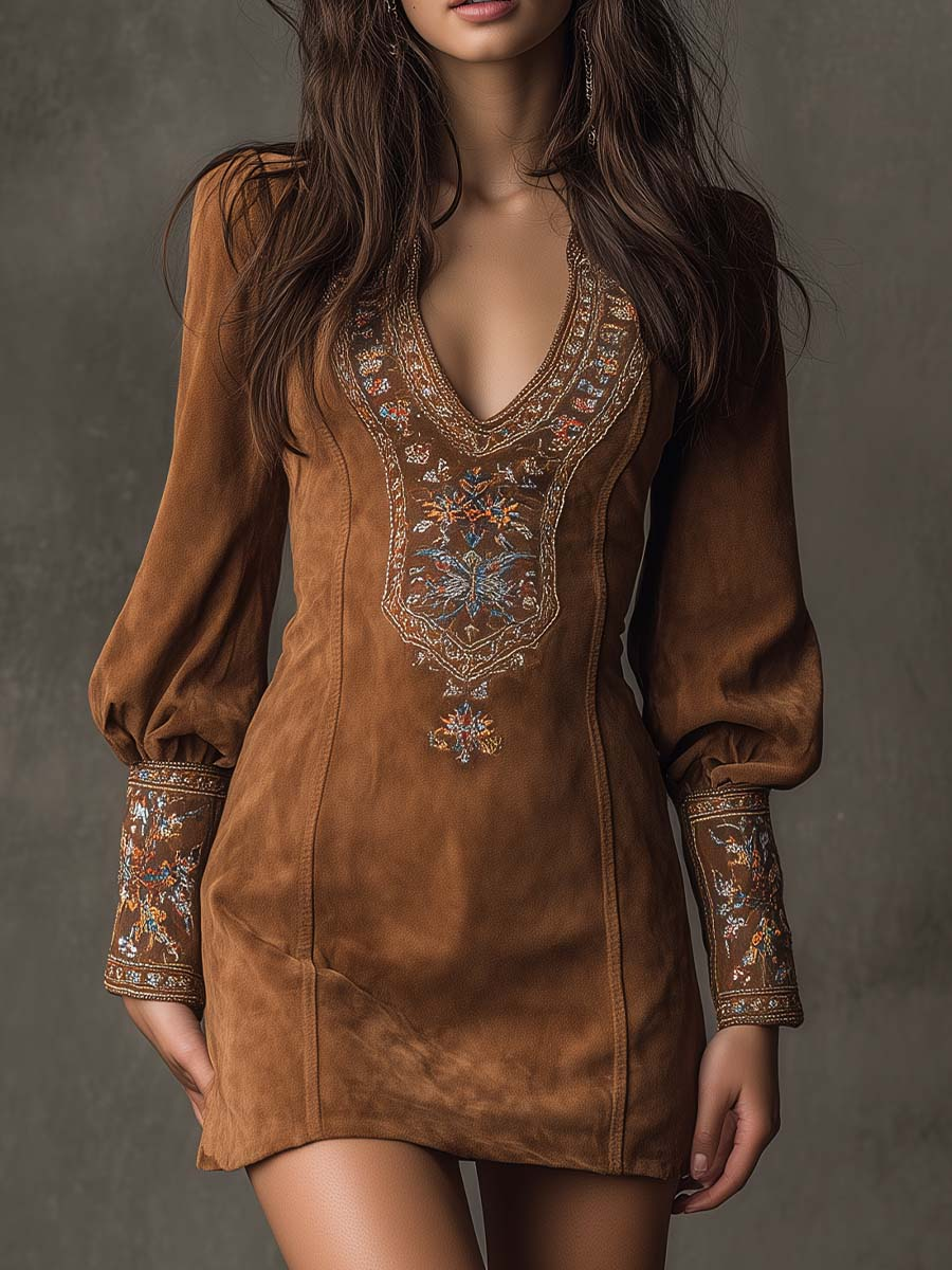 Vestido corto efecto ante bordado manga abullonada