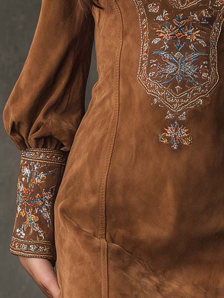 Vestido corto efecto ante bordado manga abullonada