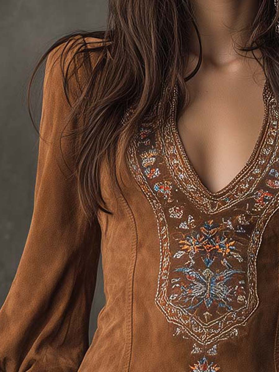 Vestido corto efecto ante bordado manga abullonada